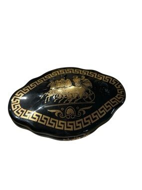 Vintage Greek Trinket Box Black Porcelain 24K Gold Decor Special Art Keepsake